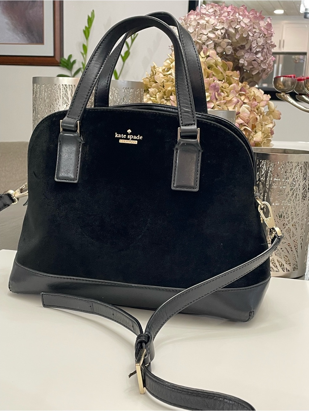 kate spade Black Suede & Leather Dome Satchel with Gold Hardware